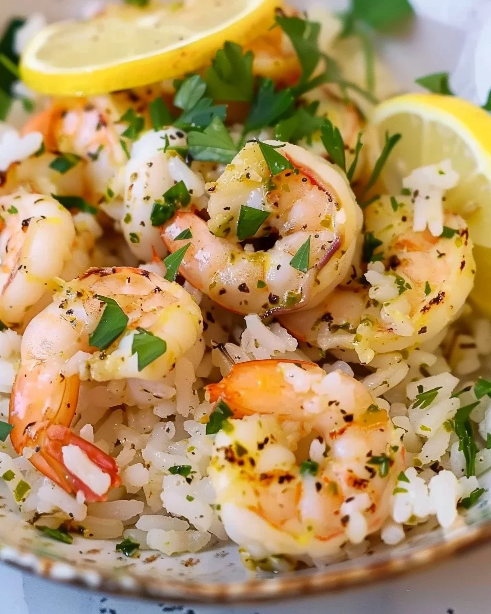 Lemon and cracked pepper shrimp served on a bed of steamed rice.