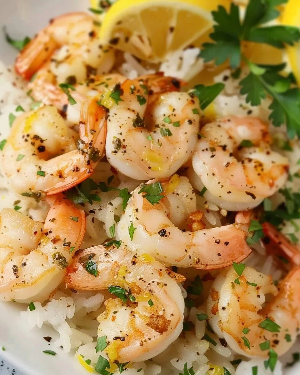 Lemon & Cracked Pepper Shrimp over Steamed Rice