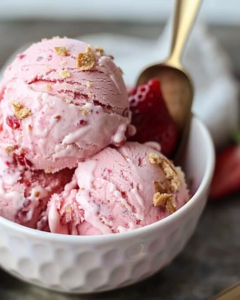 No-churn strawberry cheesecake ice cream in a bowl with fresh strawberries