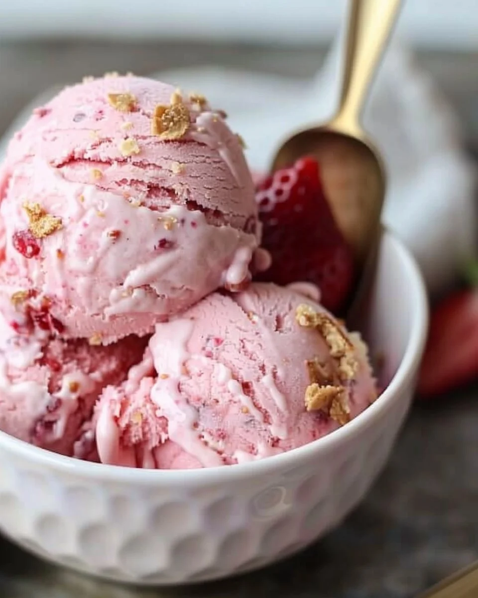 No-churn strawberry cheesecake ice cream in a bowl with fresh strawberries
