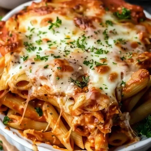 Delicious homemade Pasta Bake topped with melted cheese and fresh herbs