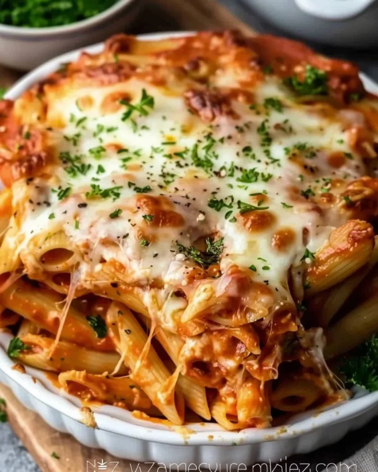 Delicious homemade Pasta Bake topped with melted cheese and fresh herbs