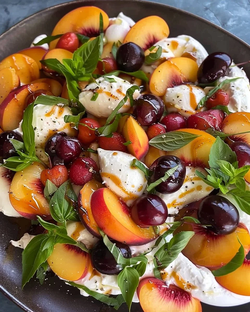 Peach and Cherry Burrata Salad with creamy burrata and fresh fruits