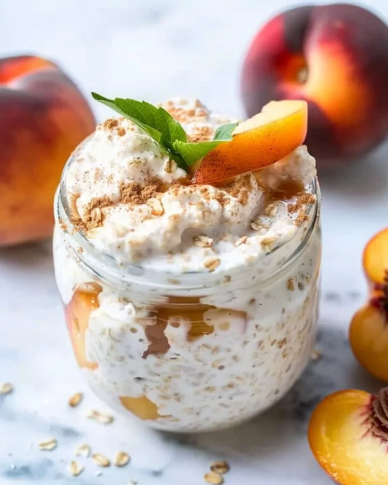 Bowl of Peaches and Cream Overnight Oats topped with fresh peaches and cream