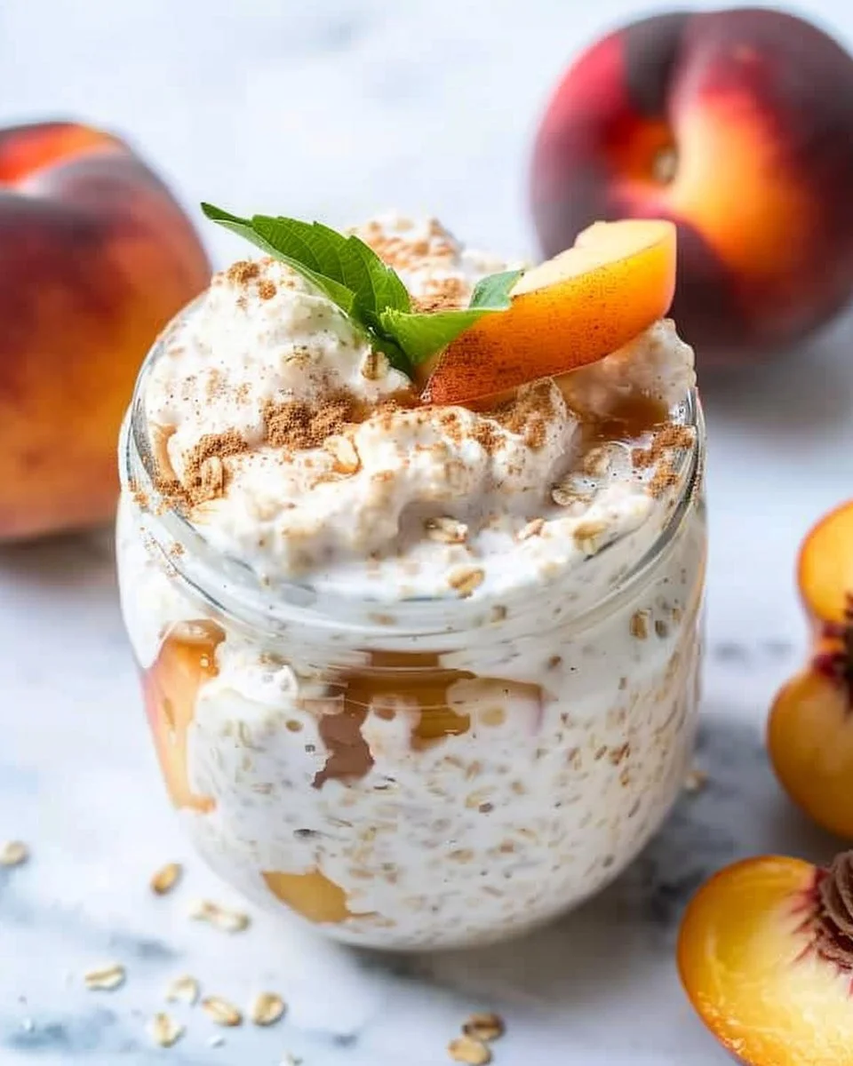 Bowl of Peaches and Cream Overnight Oats topped with fresh peaches and cream