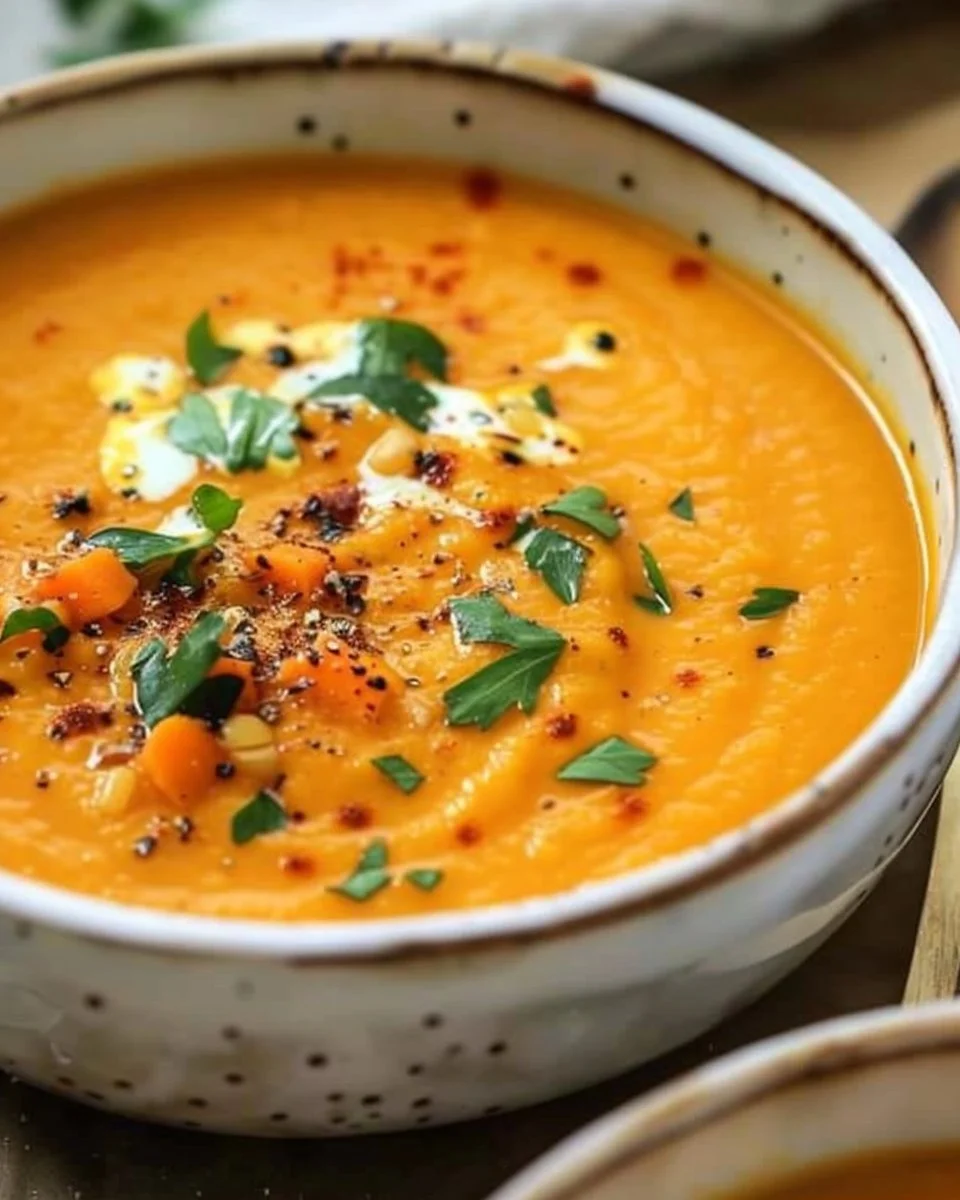 Bowl of red lentil and carrot soup garnished with herbs