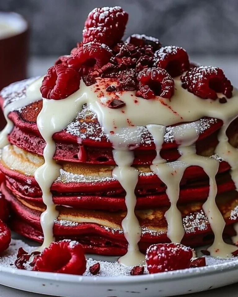 Deliciously fluffy red velvet pancakes topped with cream cheese frosting