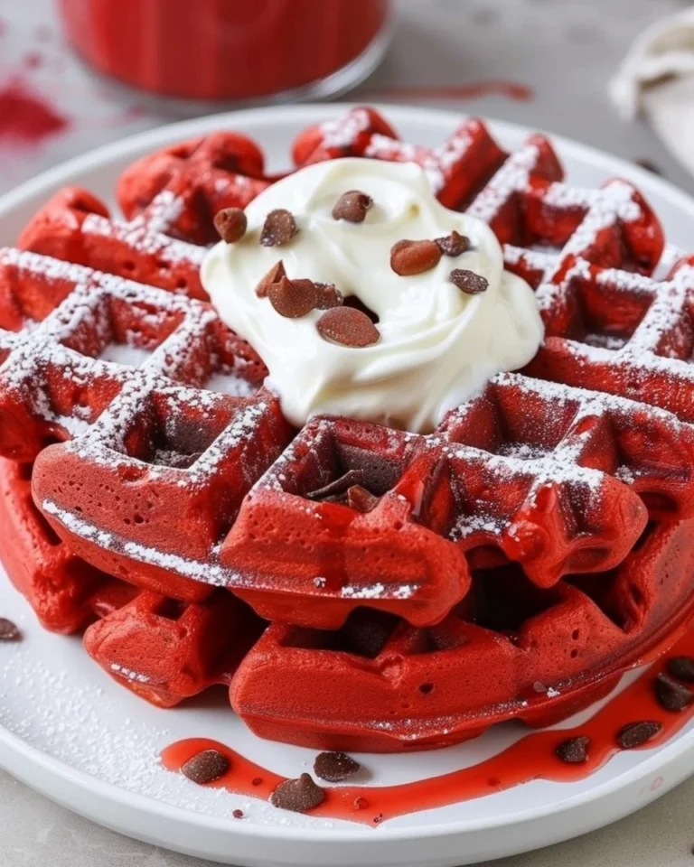 Delicious Red Velvet Waffles topped with cream cheese frosting and berries