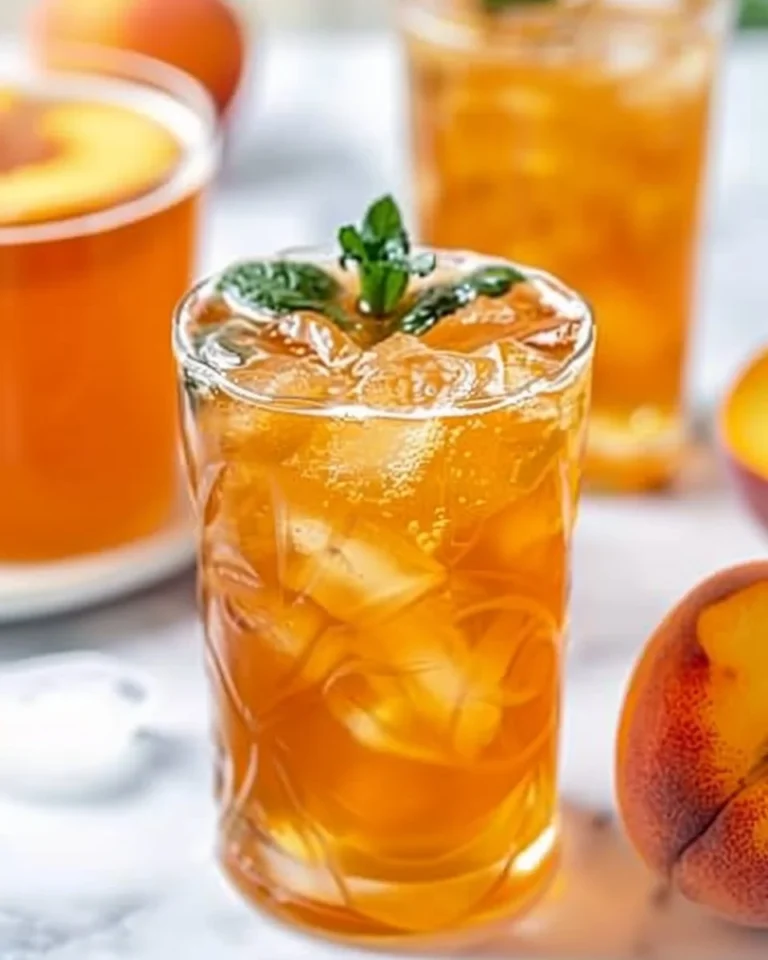 Glass of Southern Peach Sweet Tea served with fresh peach slices