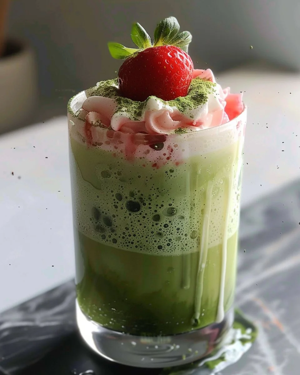 Strawberry matcha latte served in a glass with fresh strawberries and matcha powder.