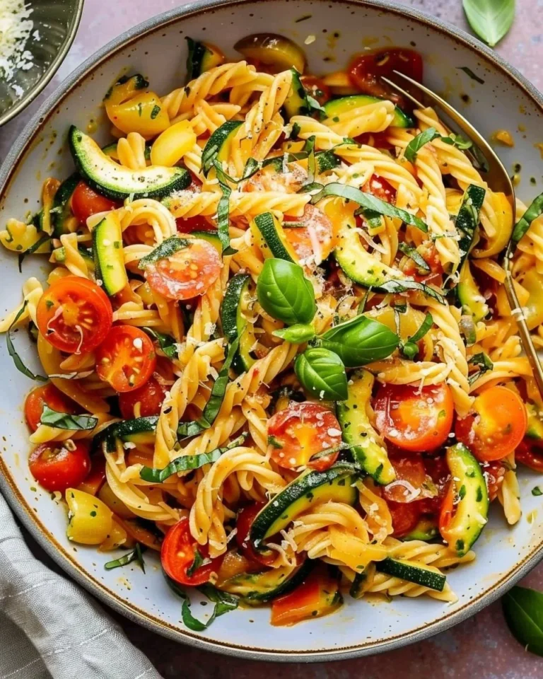 Delicious Tomato Zucchini Pasta served in a vibrant bowl with herbs and cheese.