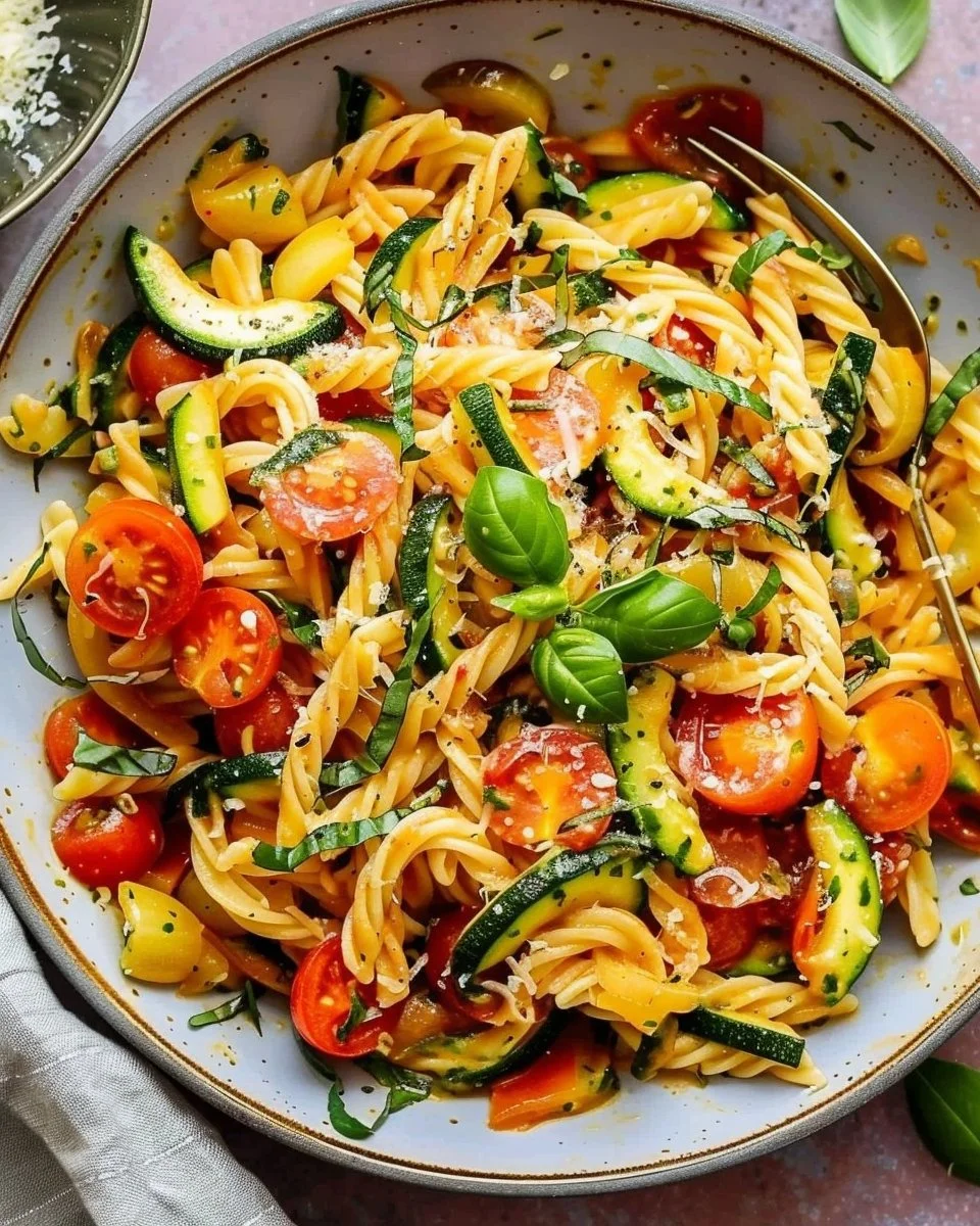 Delicious Tomato Zucchini Pasta served in a vibrant bowl with herbs and cheese.