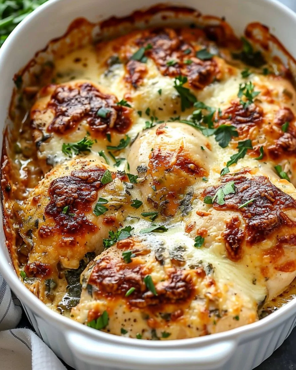 Delicious Tuscan Baked Chicken Casserole ready to serve.