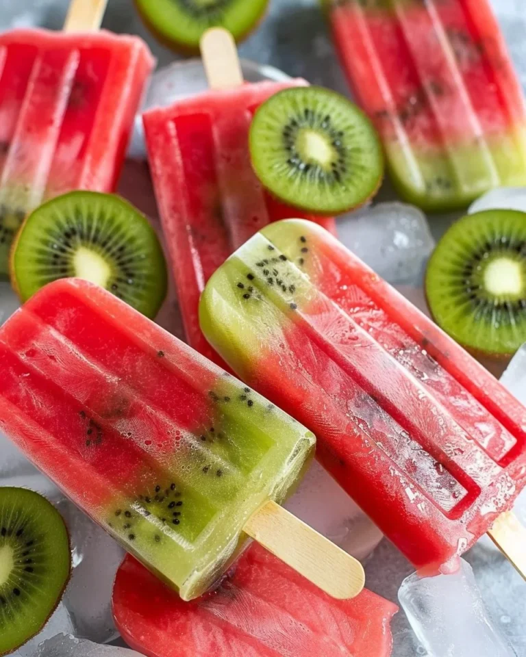 Homemade watermelon kiwi popsicles in a colorful setting