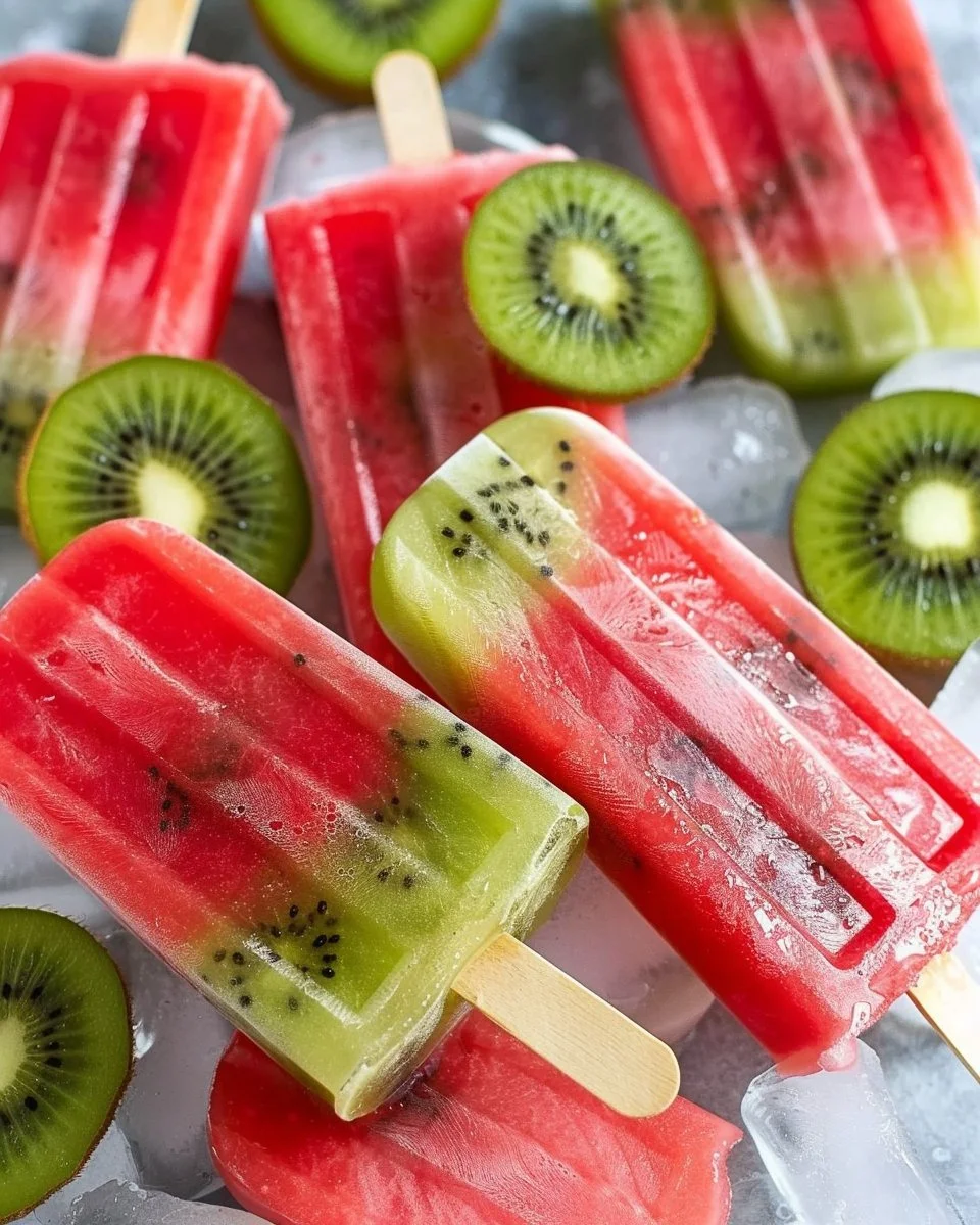 Homemade watermelon kiwi popsicles in a colorful setting