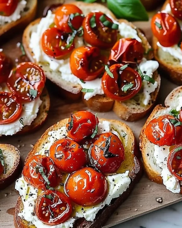 Whipped ricotta toast topped with roasted tomatoes, a gourmet breakfast option.