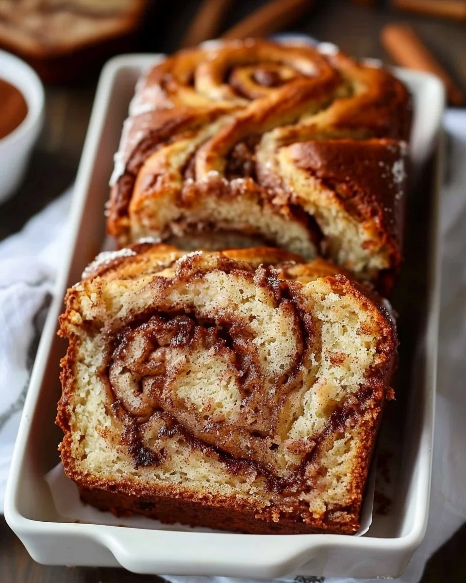 Deliciously baked cinnamon swirl bread presented with a cinnamon glaze