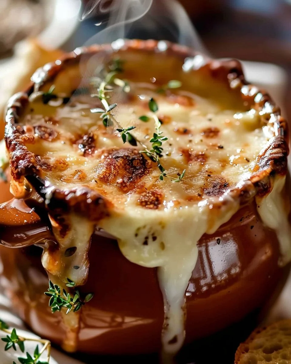 Bowl of classic French onion soup topped with gooey cheese and herbs.