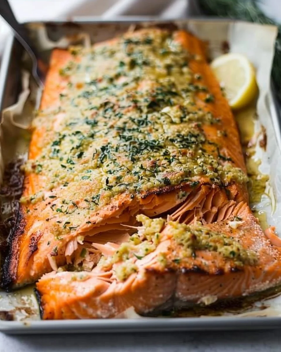 Dijon Baked Salmon served with lemon and herbs