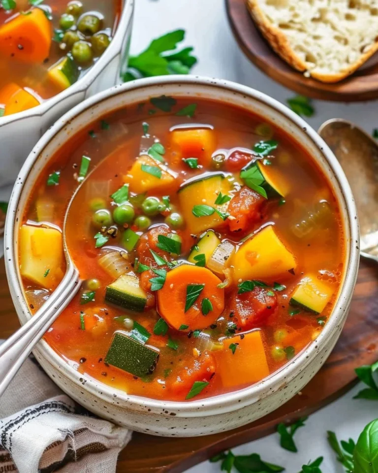 Bowl of easy vegetable soup filled with fresh vegetables and herbs