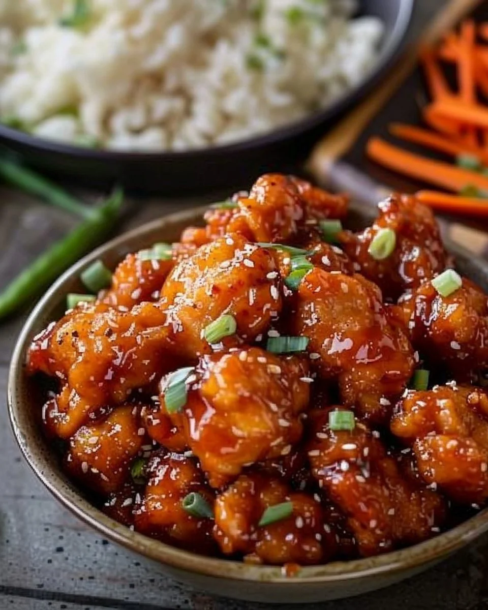 Homemade General Tso's Chicken served with rice and vegetables