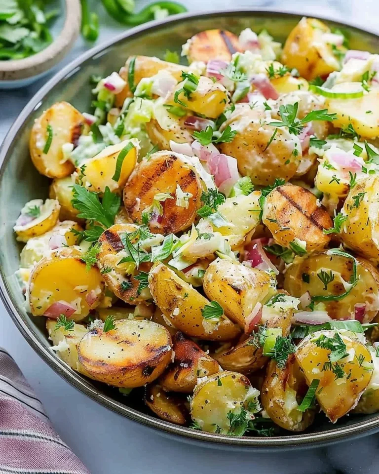 Grilled potato salad with fresh herbs and vibrant vegetables