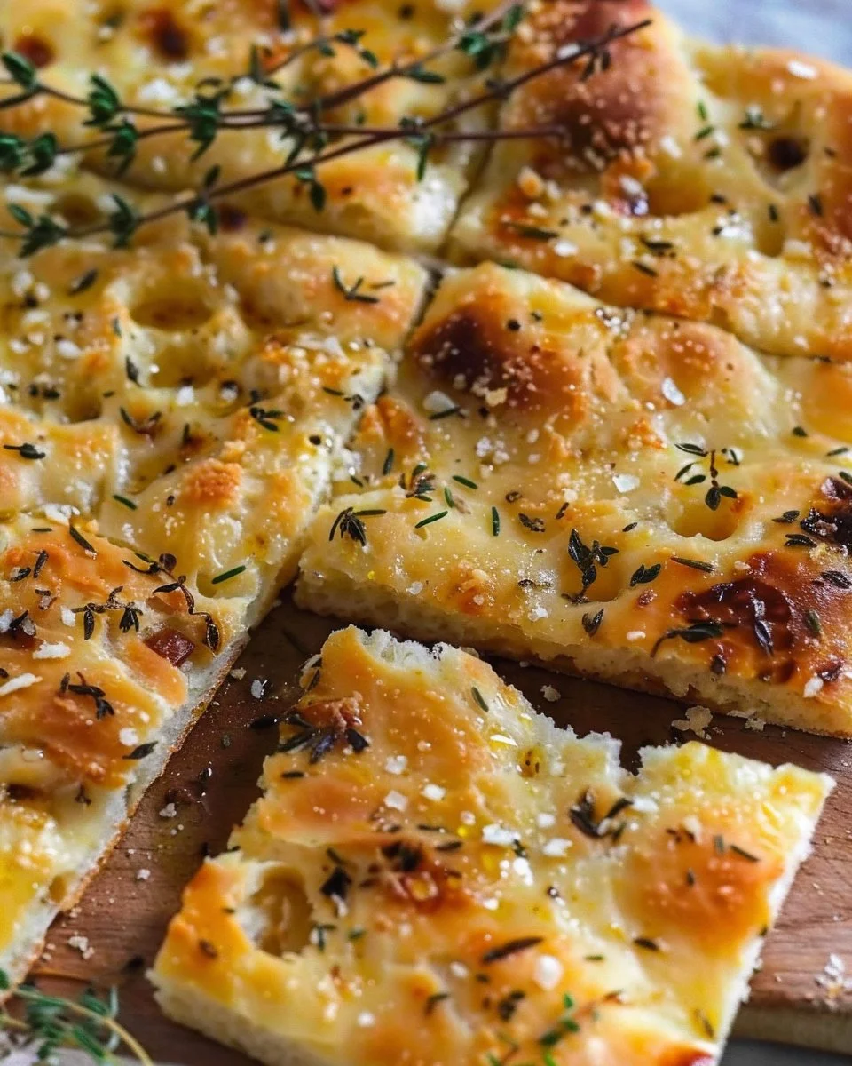 Freshly baked Gruyere and Thyme Italian Focaccia bread on a wooden board