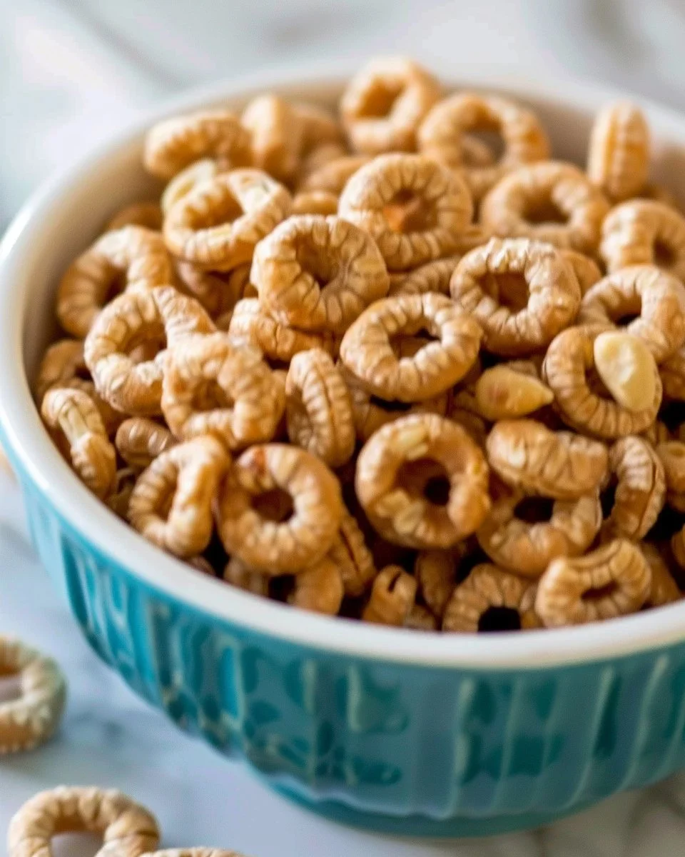 Bowl of homemade Honey Nut Cheerios with honey and nuts
