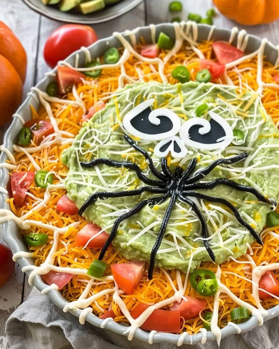 Spooky fall taco dip layered with Halloween-themed toppings