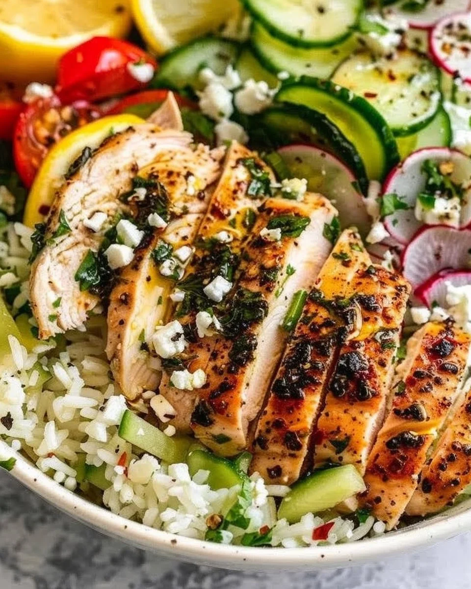 Lemon Herb Greek Chicken Bowls with fresh vegetables and herbs