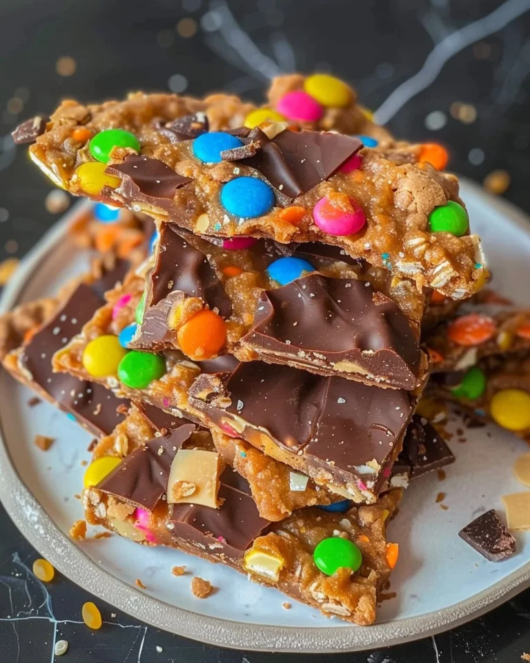 Delicious homemade Monster Cookie Protein Bark on a plate