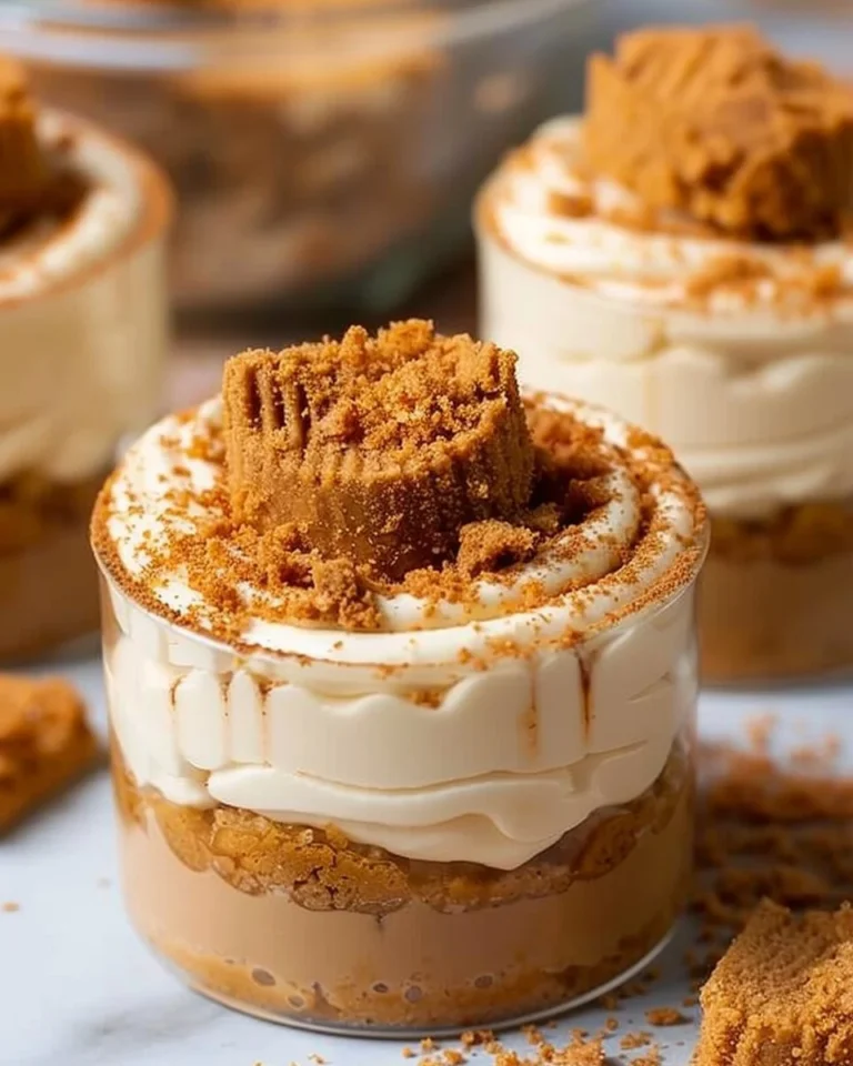 No-Bake Biscoff Cheesecake Cups with a buttery cookie crust and creamy filling