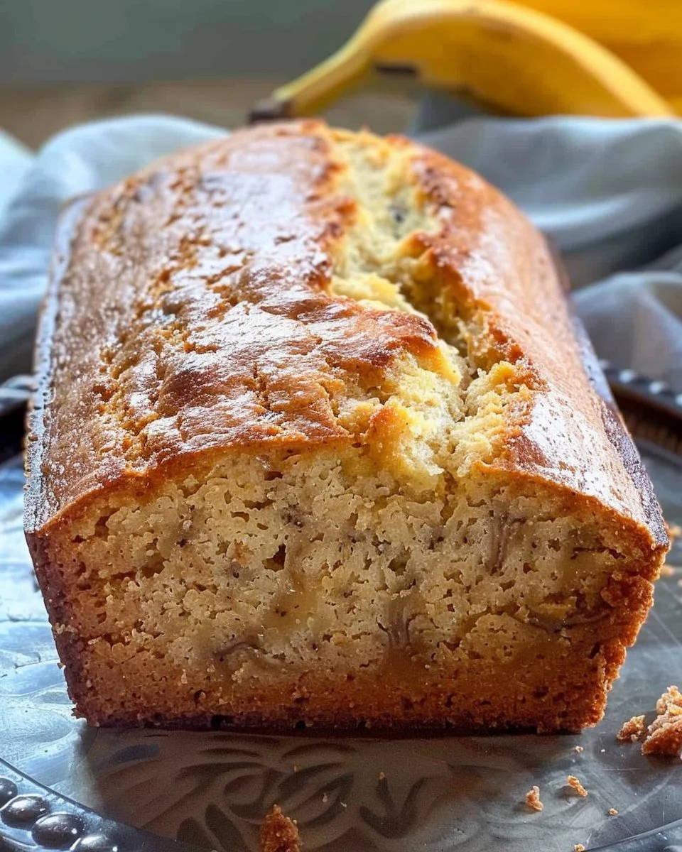Loaf of old-fashioned banana bread on a wooden table