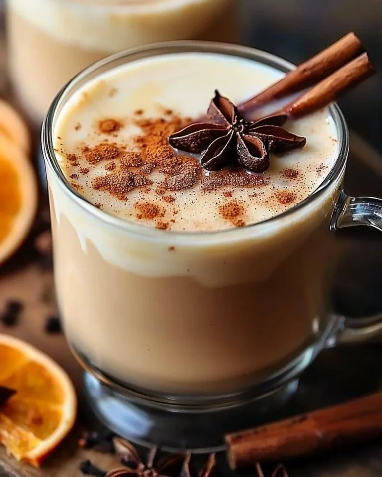 A cup of orange cinnamon milk tea with spices and orange slices garnishing.