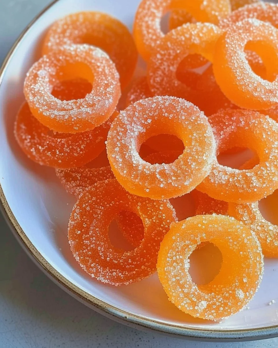 Colorful Peach Ring Gummies stacked together showcasing their chewy texture.
