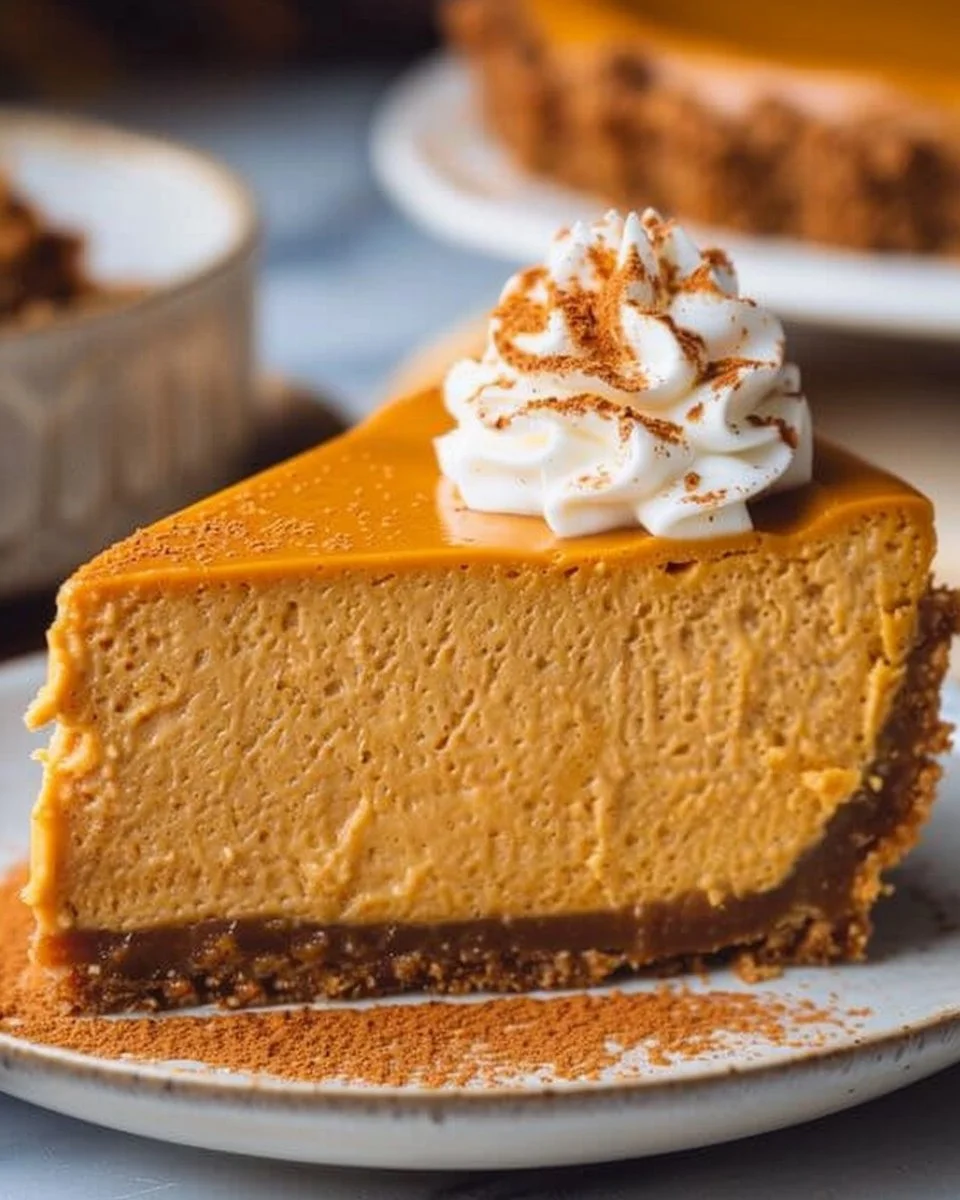 Deliciously creamy Pumpkin Cheesecake with a spiced topping and crust