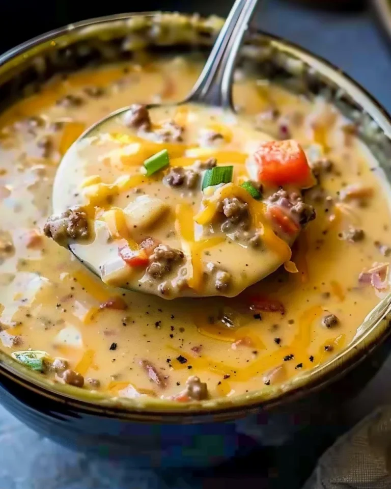 Slow cooker cheeseburger soup in a bowl topped with cheese and green onions