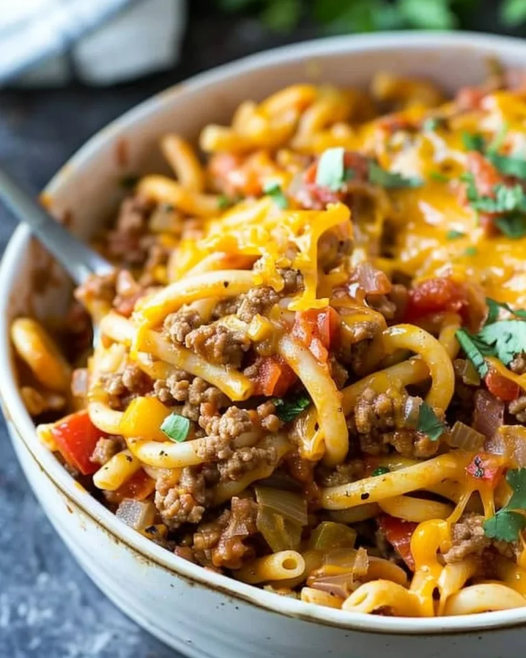 Bowl of slow cooker taco pasta topped with cheese and fresh herbs