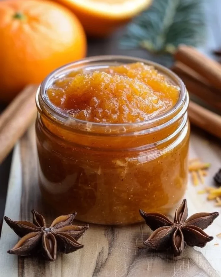 Homemade sticky winter spiced orange jam in a glass jar with spices.