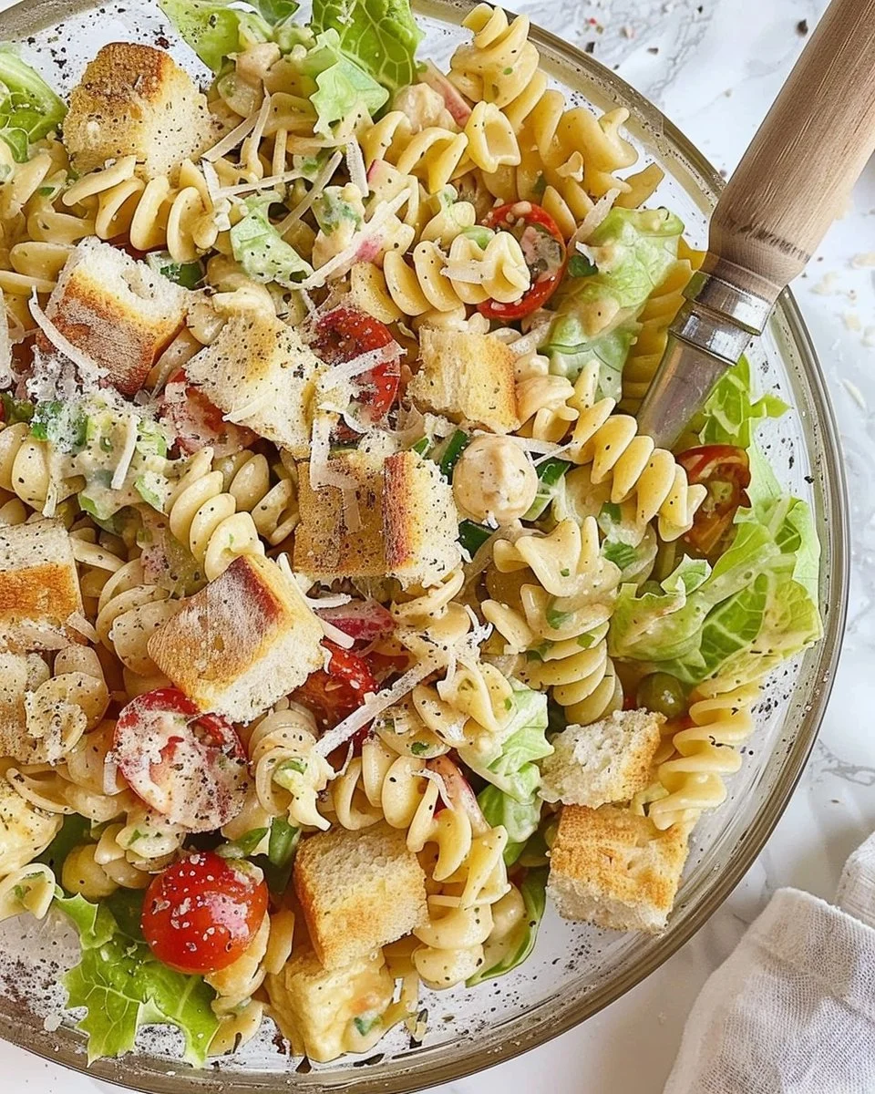 Delicious Vegan Caesar Pasta Salad with creamy dressing and fresh ingredients.