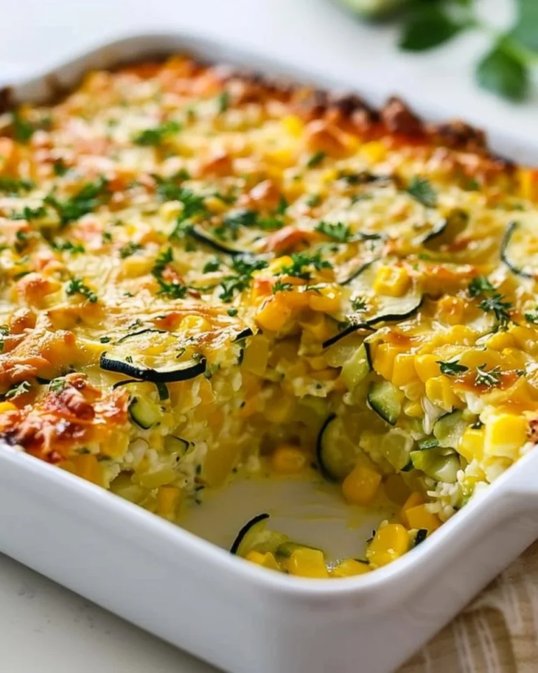 Zucchini and corn casserole with melted cheese, served on a plate.