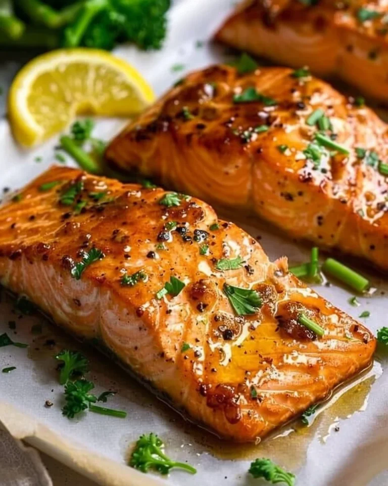 Deliciously baked salmon fillet served with lemon and herbs