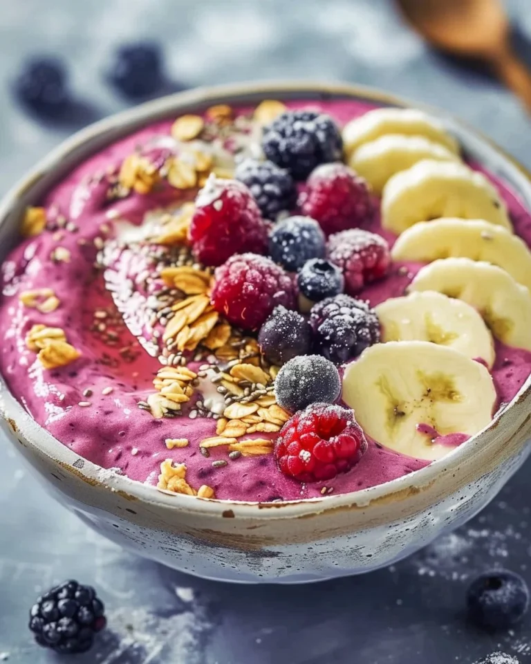 Delicious Banana Berry Smoothie Bowl topped with fresh fruits and nuts