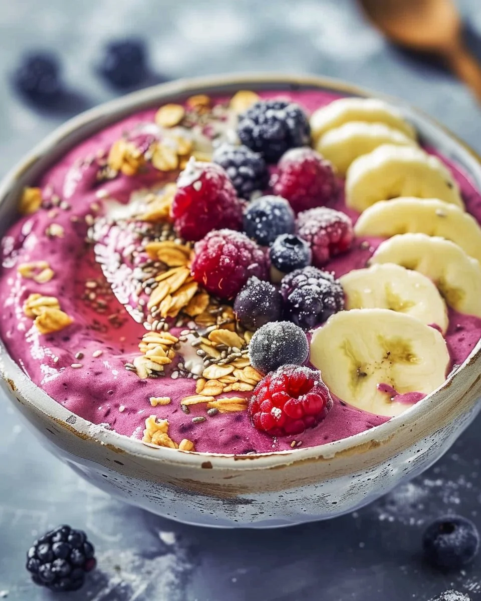 Delicious Banana Berry Smoothie Bowl topped with fresh fruits and nuts