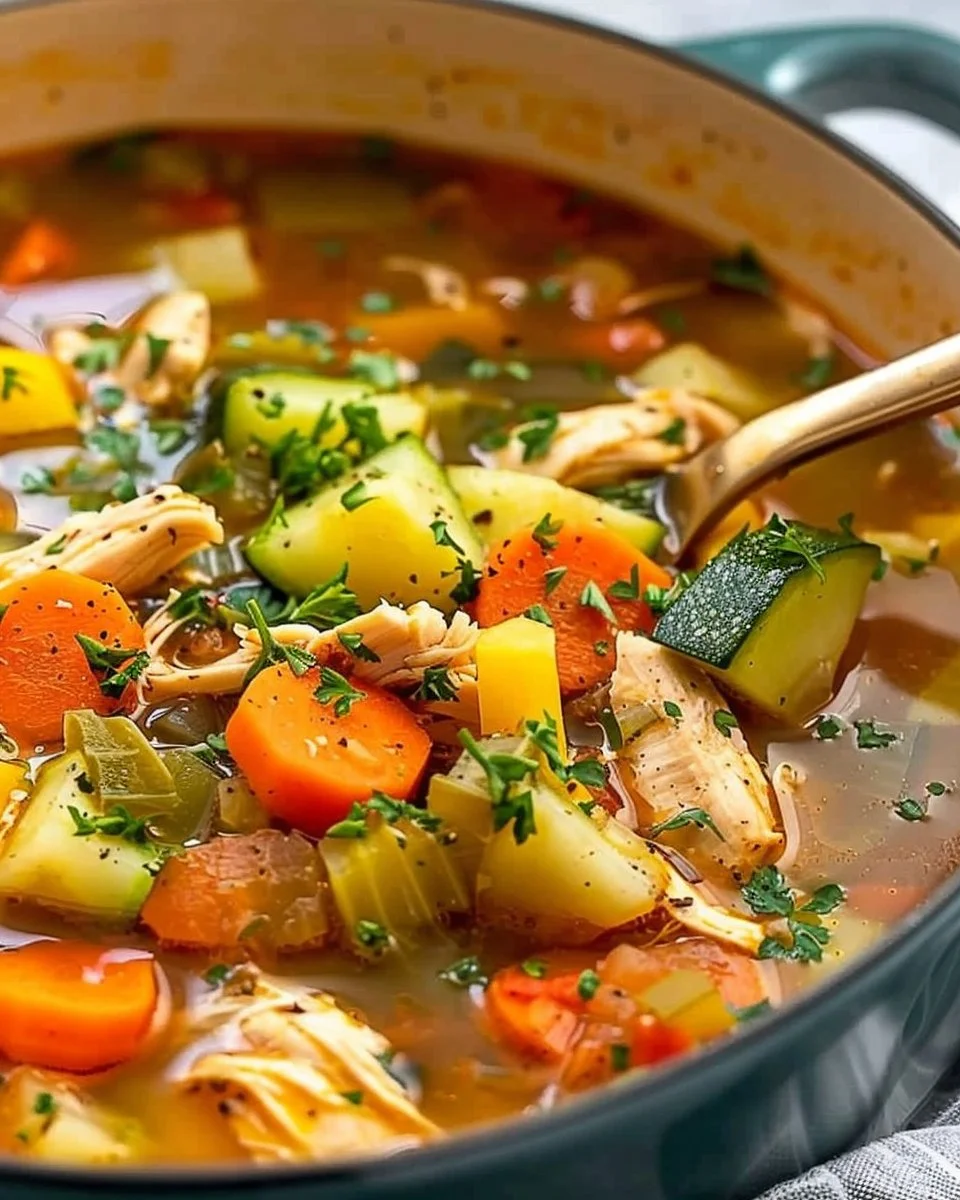 A bowl of Chicken and Vegetable Soup garnished with fresh herbs.