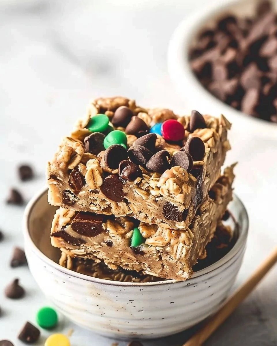 Delicious chocolate chip oatmeal cookie bars stacked on a plate.