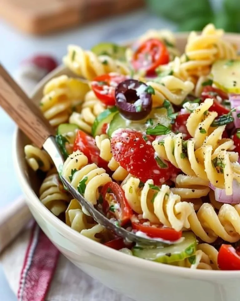 Bowl of classic pasta salad garnished with vegetables and dressing