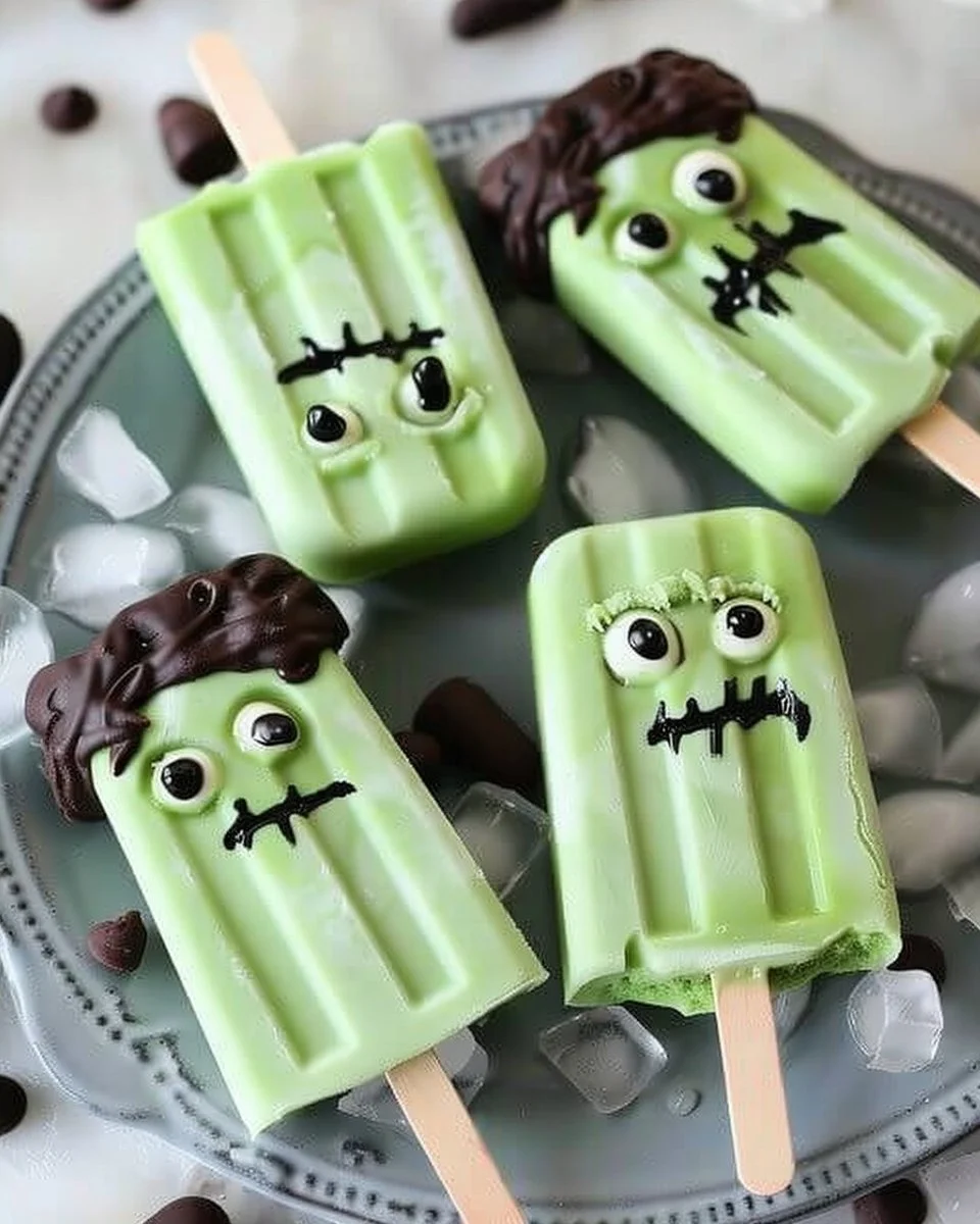 Colorful Frankenstein-themed popsicles for a Halloween party treat