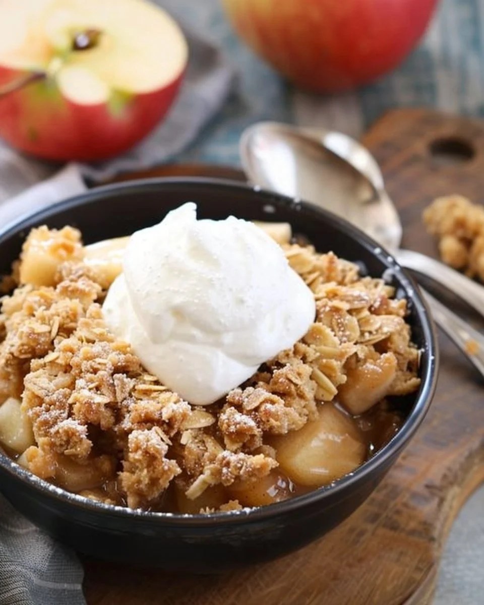 Delicious apple crisp with a golden topping ready to serve.