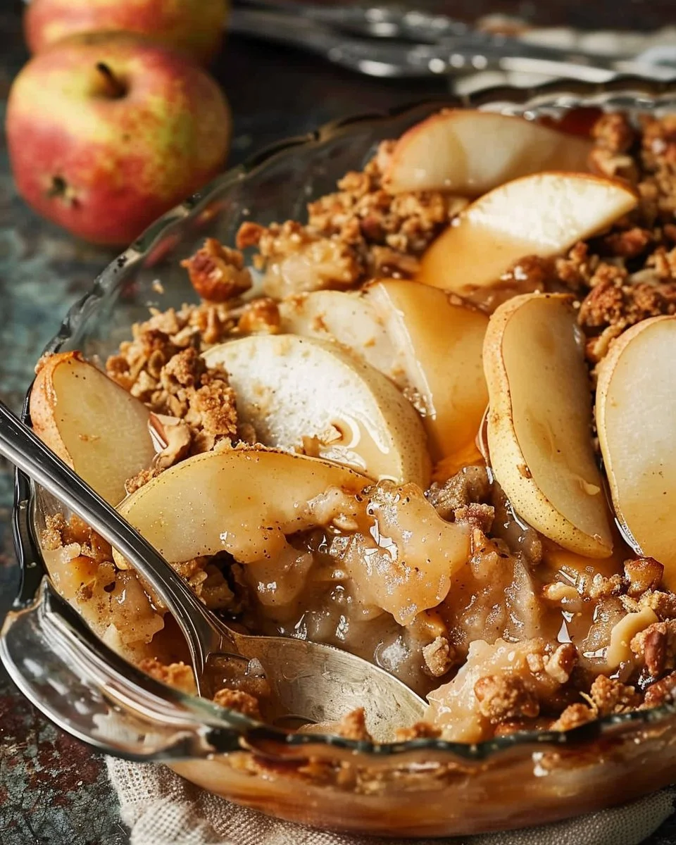 Fresh Pear and Walnut Crisp dessert topped with walnuts and spices